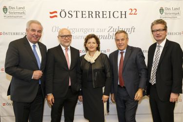 21.10.2016, AUT, Alte Universität, Graz, ÖSTERREICH 22 - Überlegungen zur Zukunft unserer Republik, im Bild: von links LH Hermann Schützenhöfer, Udo di Fabio, LR Ursula Lackner, Siegfried Wolf und LR Christopher Drexler; FOTOCREDIT: ERWIN SCHERIAU